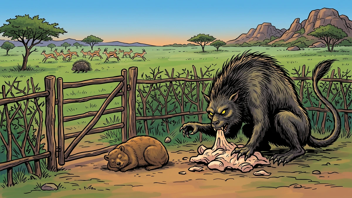 Comic-style illustration of a sleeping rock-dassie at an African kraal gate while a dark shaggy monster eats the animals' stored fat