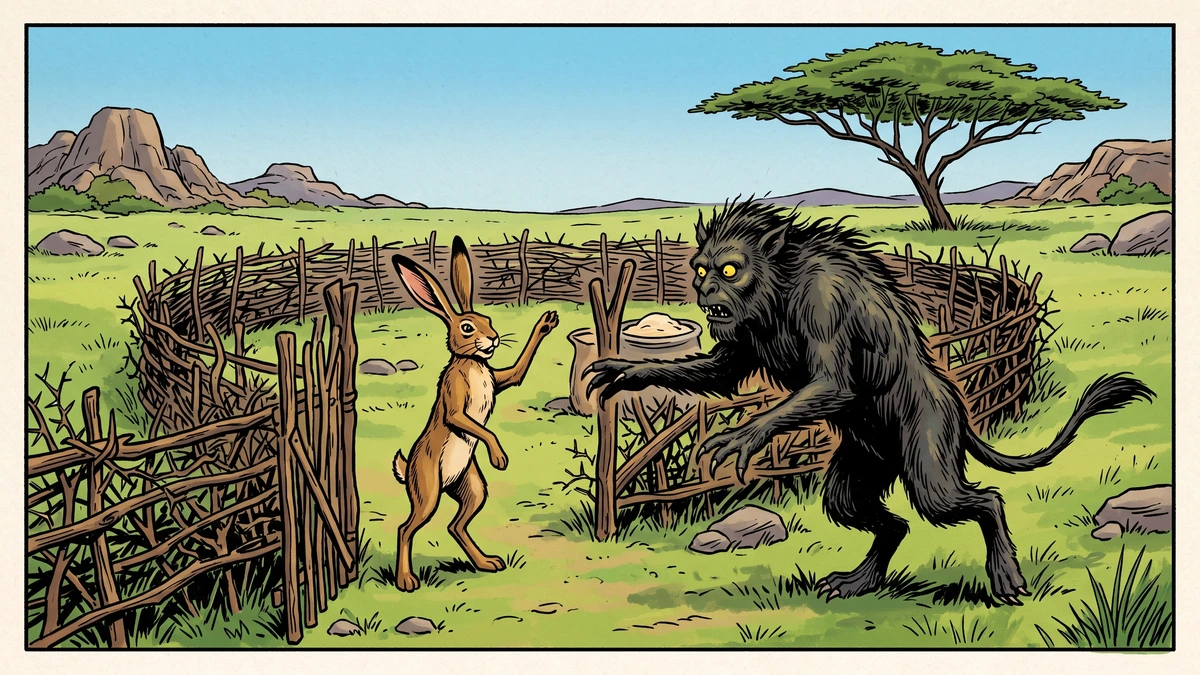 Comic-style illustration of an upright hare boldly confronting a dark monster-beast at an African kraal gate