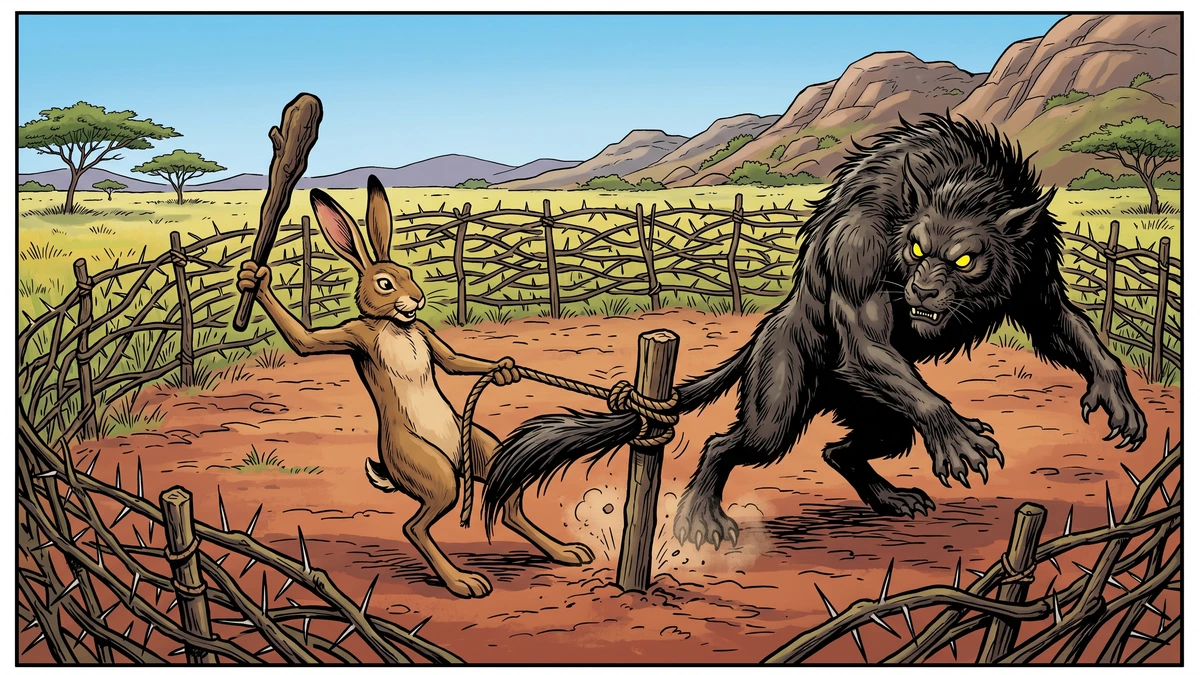 Comic-style illustration of a hare binding a monster's tail to a stake and raising a wooden club