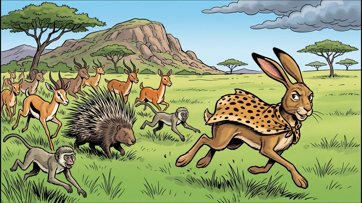 Comic-style illustration of a cloaked hare fleeing across the African veld pursued by a crowd of angry animals