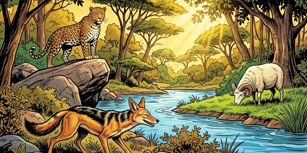 Comic-style illustration of a cunning jackal scheming in an African bushveld forest while a spotted leopard and a white ram rest apart, unaware of each other
