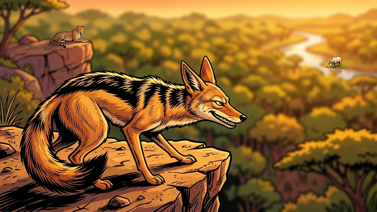 Comic-style illustration of a sly jackal crouched alone on a rocky ledge in the African bushveld, scheming as a leopard and a ram rest far in the distance