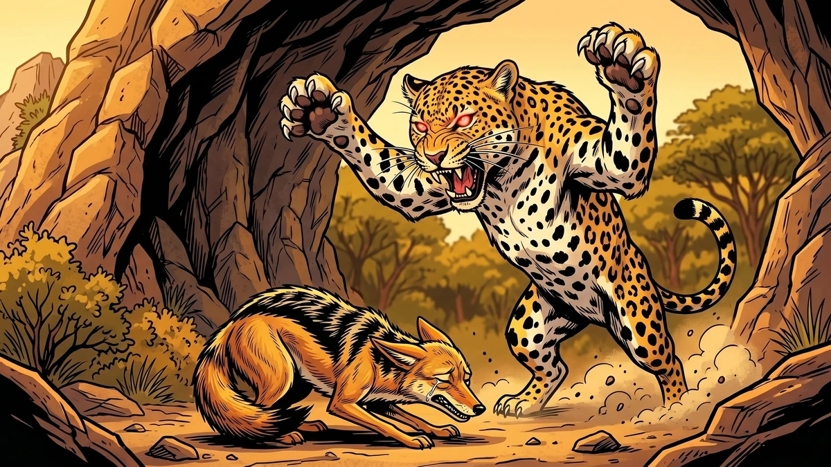 Comic-style illustration of a small jackal bowing humbly before a furious roaring spotted leopard at the mouth of a cave