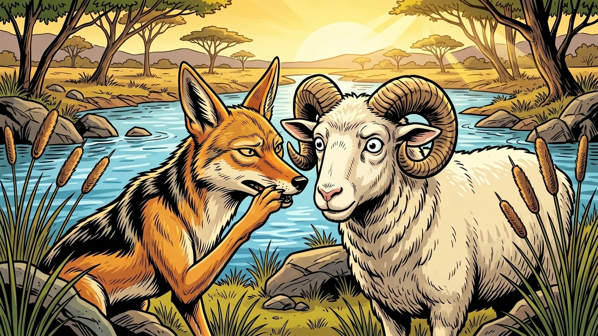 Comic-style illustration of a sly jackal whispering a lie to a startled white ram on an African riverbank
