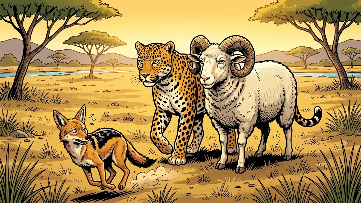 Comic-style illustration of a leopard and a white ram standing united side by side while the guilty jackal flees across the African bushveld