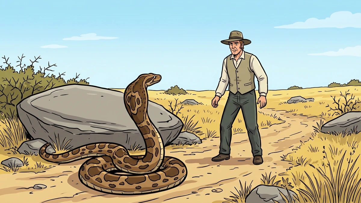 A traveller in the dry Karoo veld discovers a great snake pinned helpless beneath a heavy flat stone