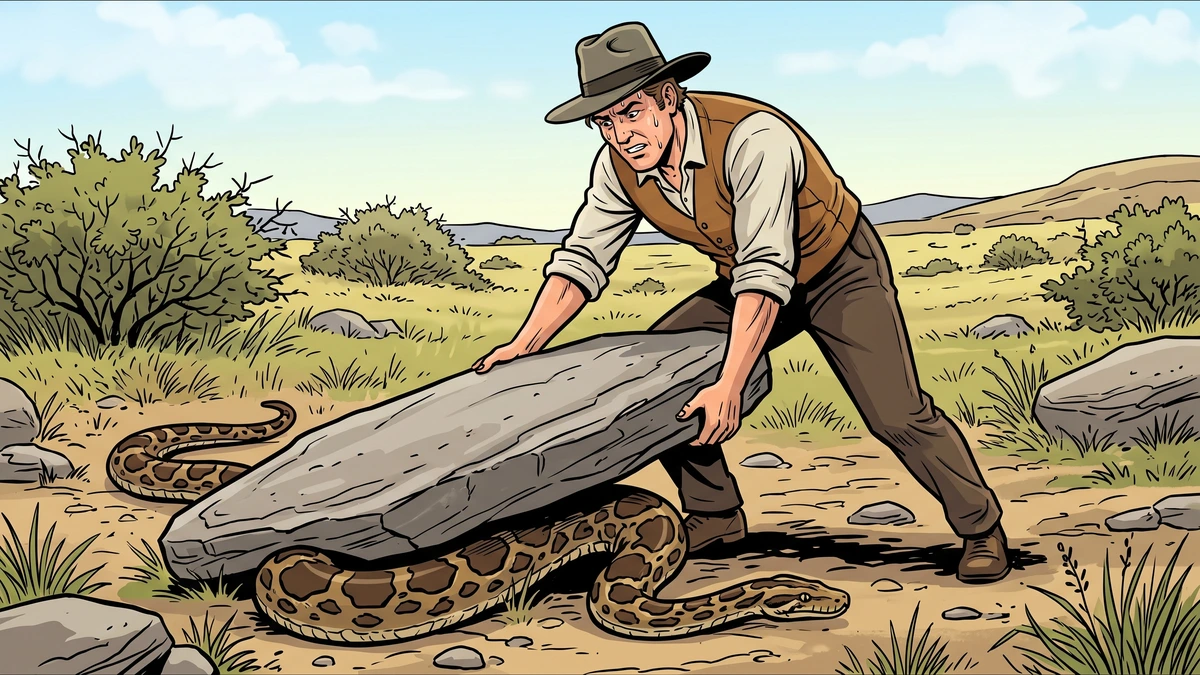 The White Man and the freed Snake stand before the Hyena, asking him to judge their case