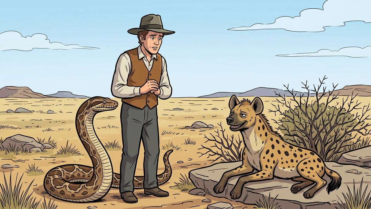 The lean Jackal listens to the White Man and says he cannot believe a stone could have pinned the Snake