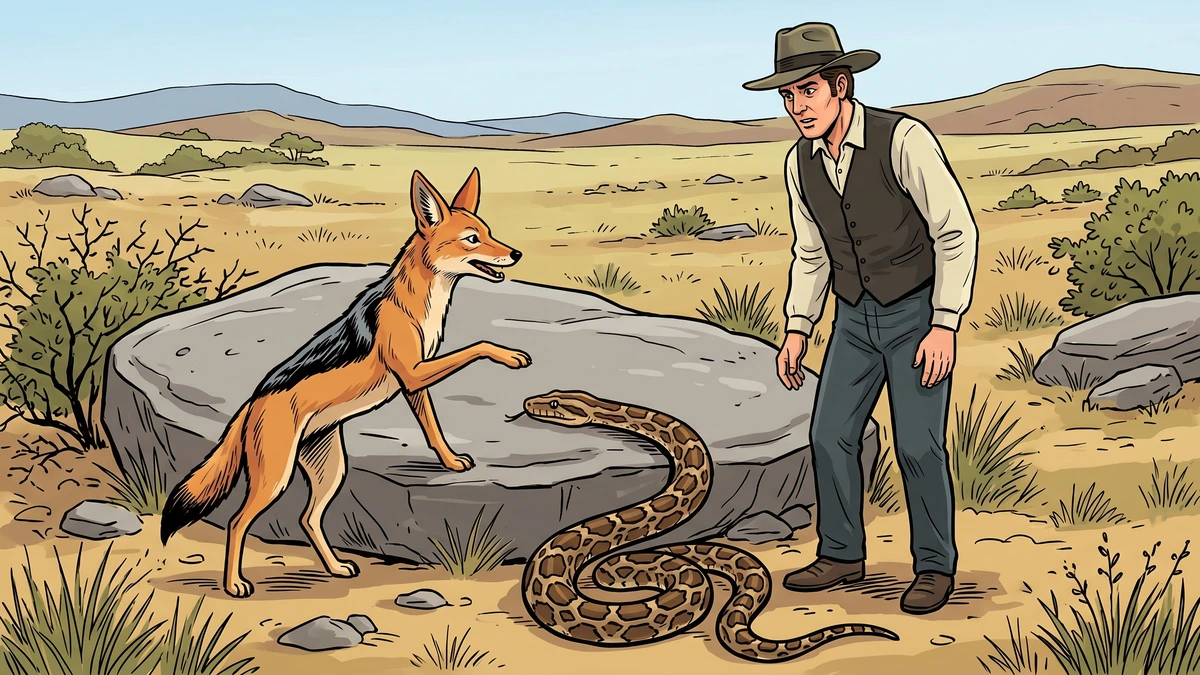 The Snake lies pinned once more beneath the stone as the White Man and the Jackal walk away