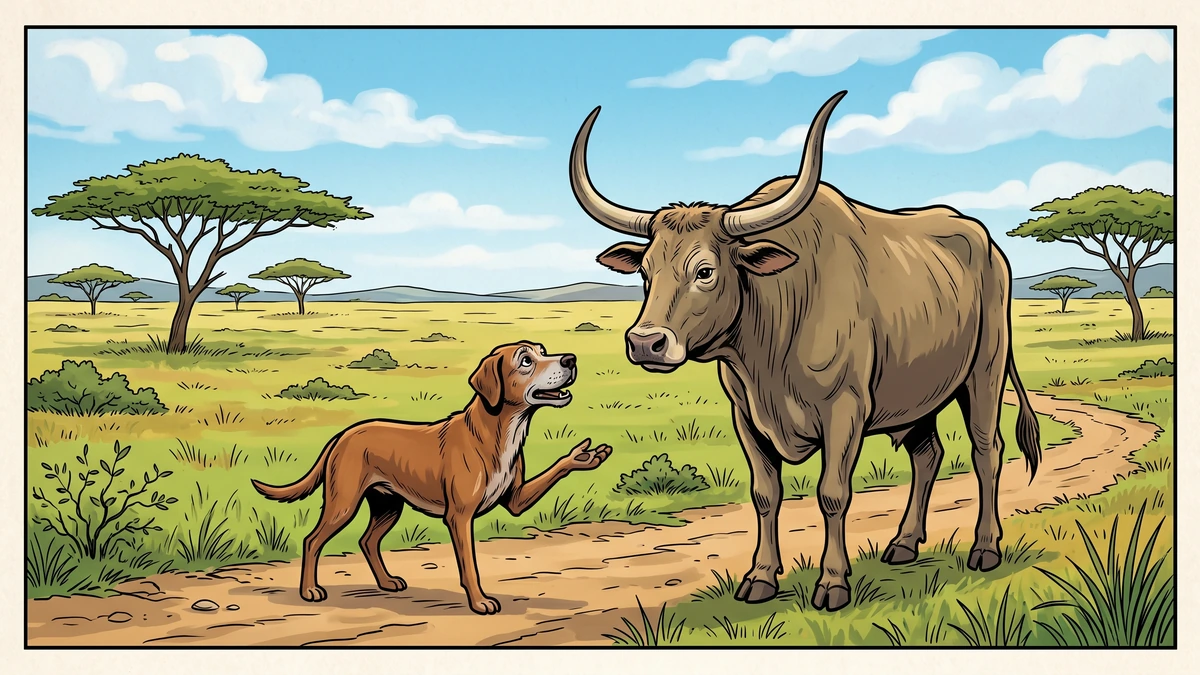 An old dog walking through the South African veld leads a company of cast-off animals - a bull, a ram, a donkey, a cat, a cock and a goose