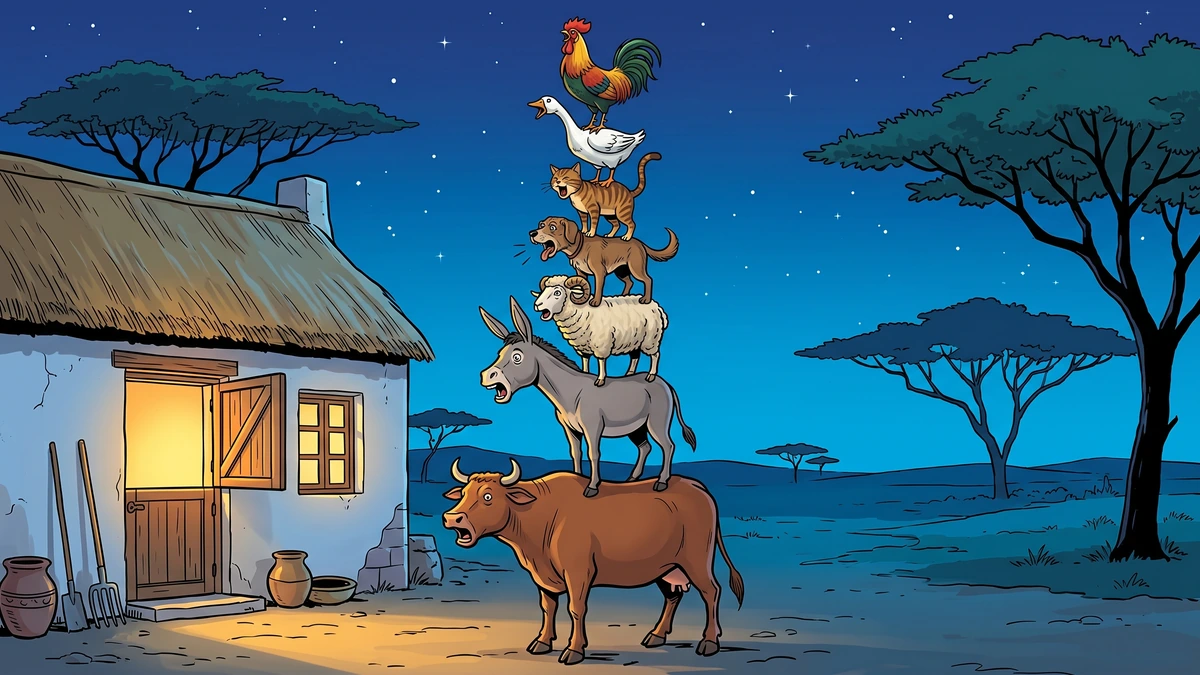 Seven animals stacked into a tall swaying tower outside a lamplit house at night, all crying out together to frighten the robbers within
