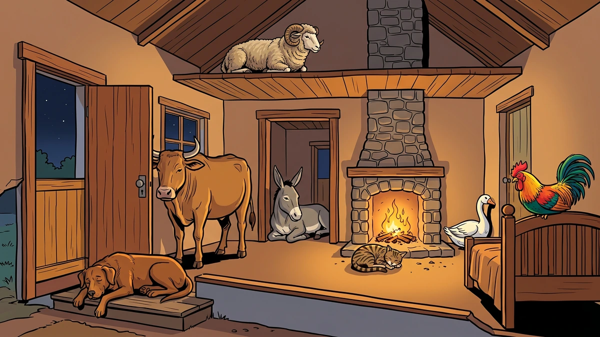Seven old animals settled at their posts inside a cosy house at night - dog at the front door, cat in the fireplace, cock on the bed, the others at the doors and loft