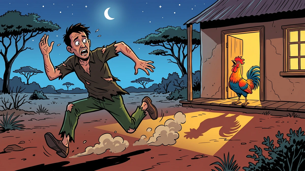 A terrified robber fleeing a house into the night, scratched and ragged, as a cock crows after him from a window