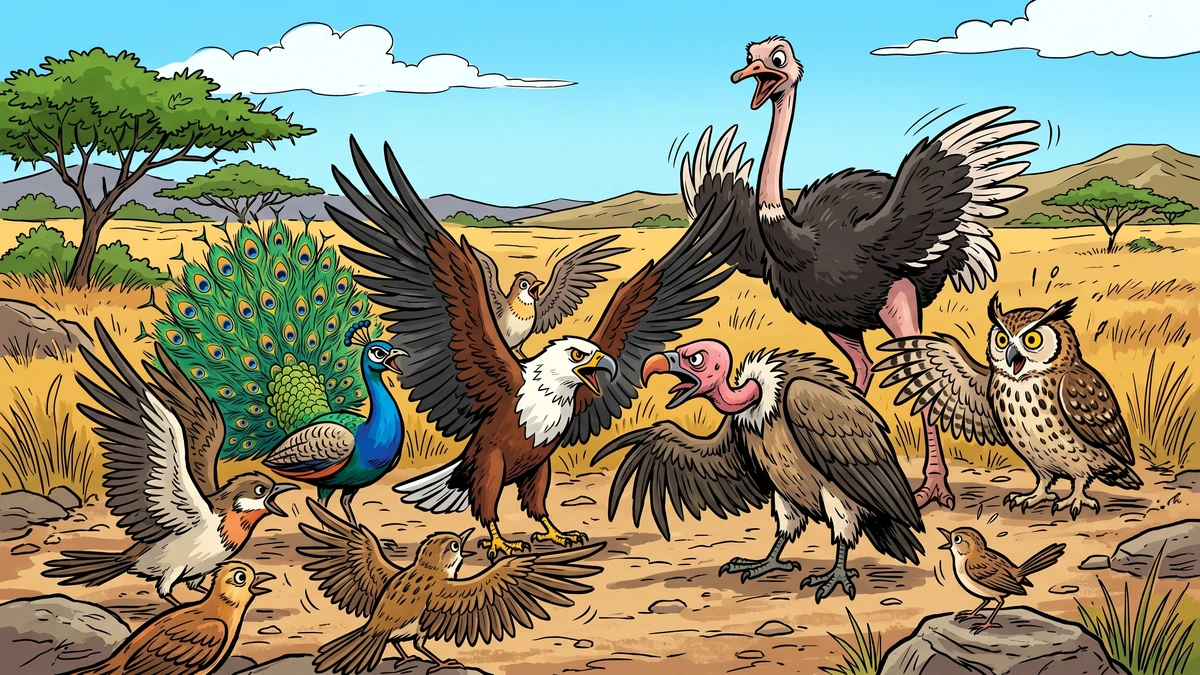 A great gathering of South African veld birds - ostrich, eagle, vulture, peacock, owl and a tiny tink-tinkje finch - assembled in council to choose a king