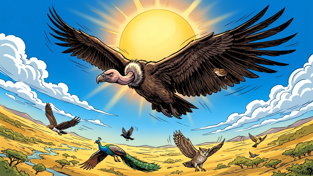 A vulture climbing high toward the sun over the dry South African veld with the other birds far below in the race to fly highest