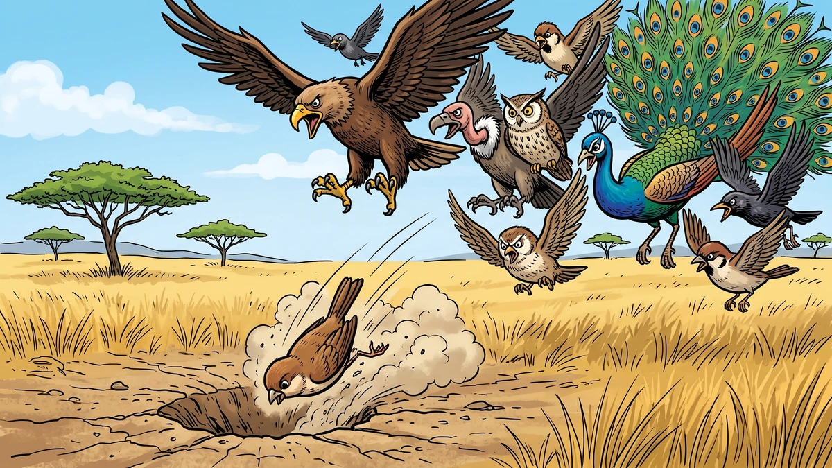 The tiny tink-tinkje finch darting into a mouse hole in the veld ground as a flock of larger birds pursues it overhead