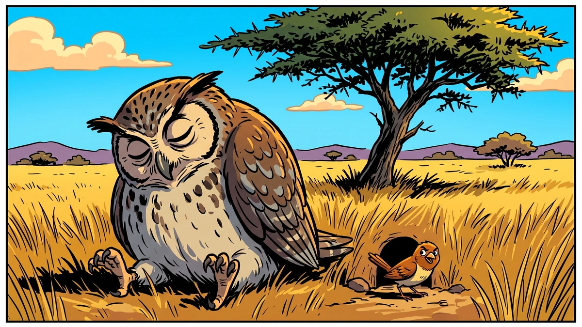 An owl with great eyes asleep in the warm daylight in front of a mouse hole it was set to guard, while the tink-tinkje peeps out
