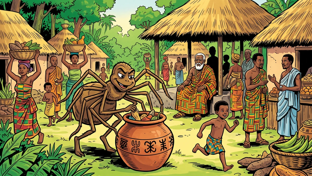 Anansi the spider in an Akan forest village gathering wisdom from elders and markets into a large earthen clay pot