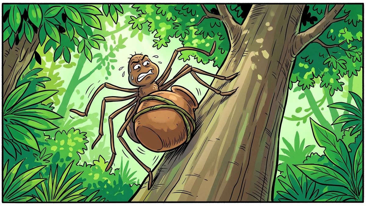 Anansi the spider with a heavy clay pot tied to his belly failing to climb the tall smooth trunk of a great forest tree