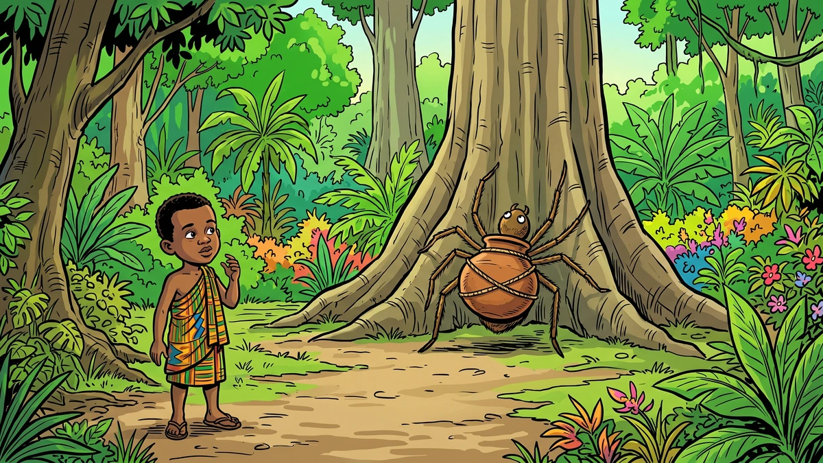 A small Akan boy, Anansi's son Ntikuma, standing in a forest clearing watching his father struggle with the pot of wisdom