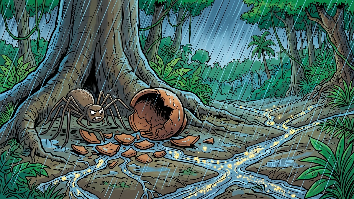 The clay pot of wisdom shattered at the roots of a tall tree as rain scatters the wisdom into forest streams