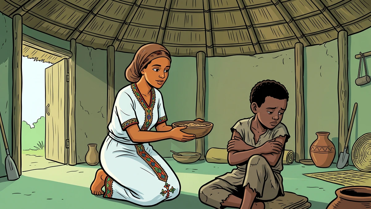 A young Amhara stepmother in a white habesha dress holding out food to a sad Ethiopian boy who turns away inside a highland village