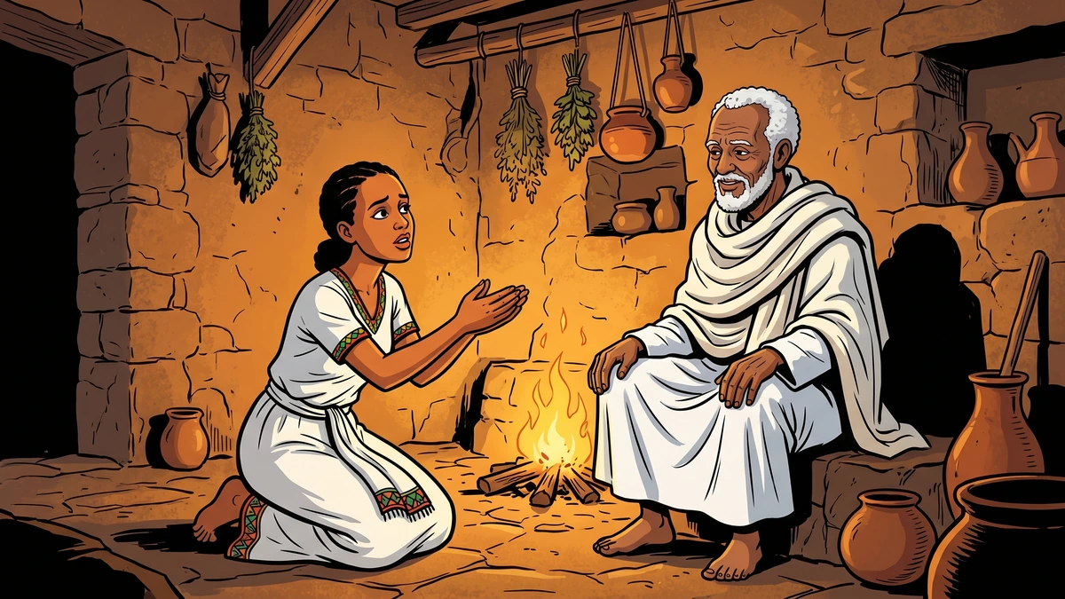 An Ethiopian woman kneeling before an old highland hakim healer beside a fire in his mountain dwelling, asking for help