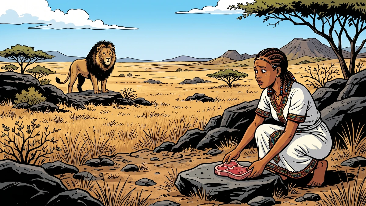 An Amhara woman setting a piece of meat on a stone at a distance from a large black-maned lion in a dry black-rock lowland