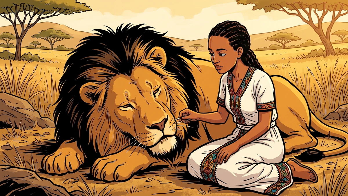 An Amhara woman sitting calmly beside a great tame black-maned Ethiopian lion, gently plucking a whisker from its chin in golden sunlight