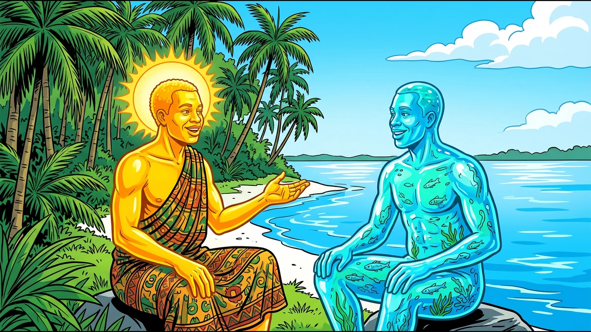 Amar Chitra Katha style illustration of the golden Sun personified as a man talking with his friend the Water on a bright Cross River beach in southern Nigeria
