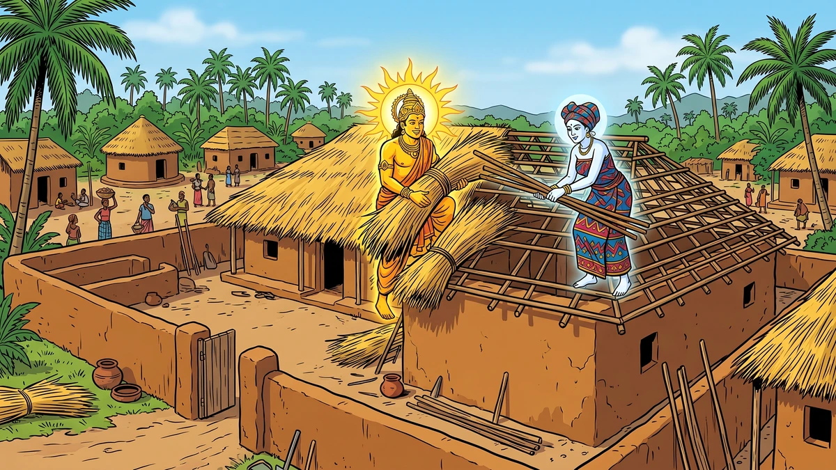 The Sun and the Moon building an enormous thatched-roof Nigerian compound house in an Efik village