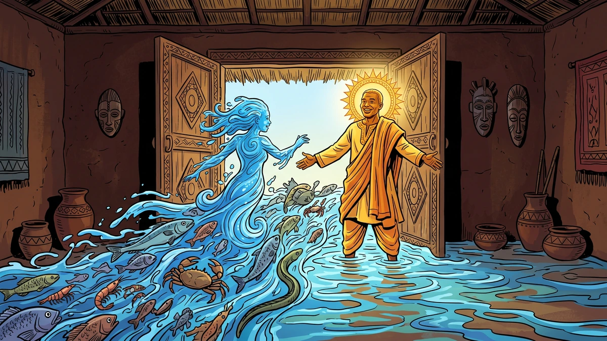 The blue Water and his fish, crabs and eels flooding into the great house while the Sun welcomes them in the doorway