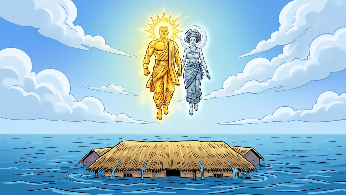 The Sun and the Moon rising up into the sky above their flooded thatched-roof house in southern Nigeria