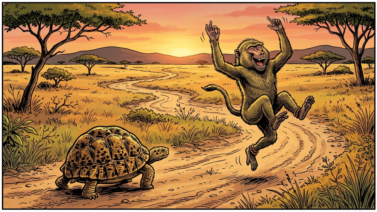 Amar Chitra Katha style illustration: the baboon dances gleefully on a bush path while the slow tortoise plods along behind him