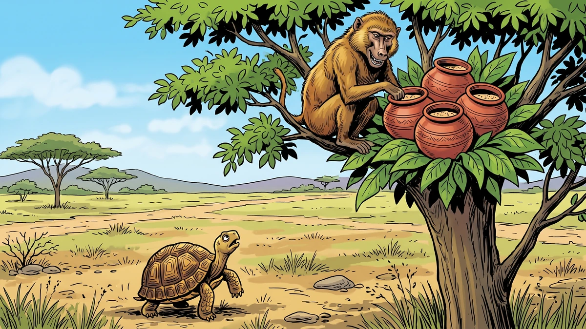 Amar Chitra Katha style illustration: the baboon perches high in a tree beside three clay pots of millet-beer as the tortoise gazes up helplessly from the ground