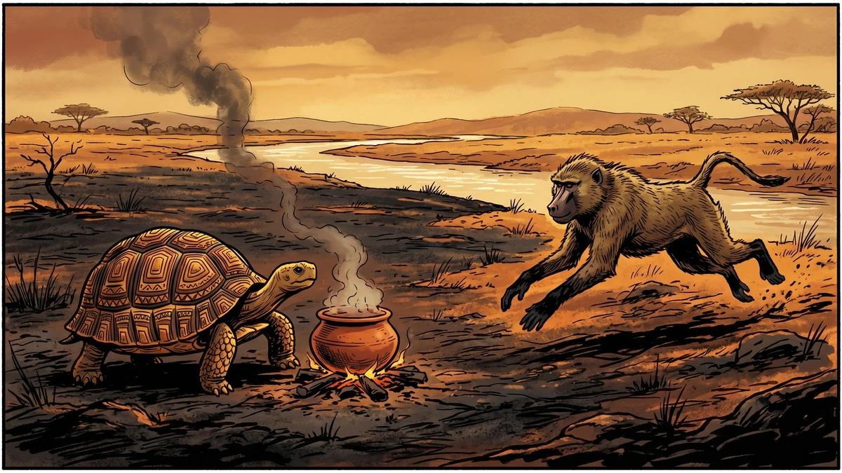 Amar Chitra Katha style illustration: the tortoise stands beside a steaming cooking pot as the baboon bounds across a stretch of fire-blackened ground