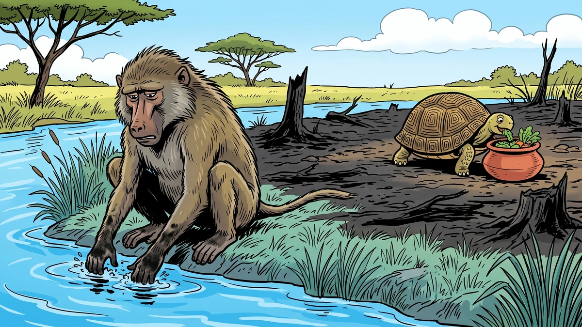 Amar Chitra Katha style illustration: the baboon scrubs his sooty hands at the river while the contented tortoise eats from a clay pot