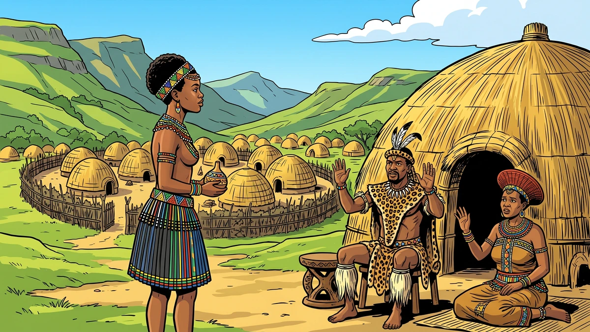 Amar Chitra Katha style illustration of the proud Zulu maiden Untombinde standing before her father the king and her mother, who warn her not to go to the forbidden pool, outside domed Zulu beehive huts