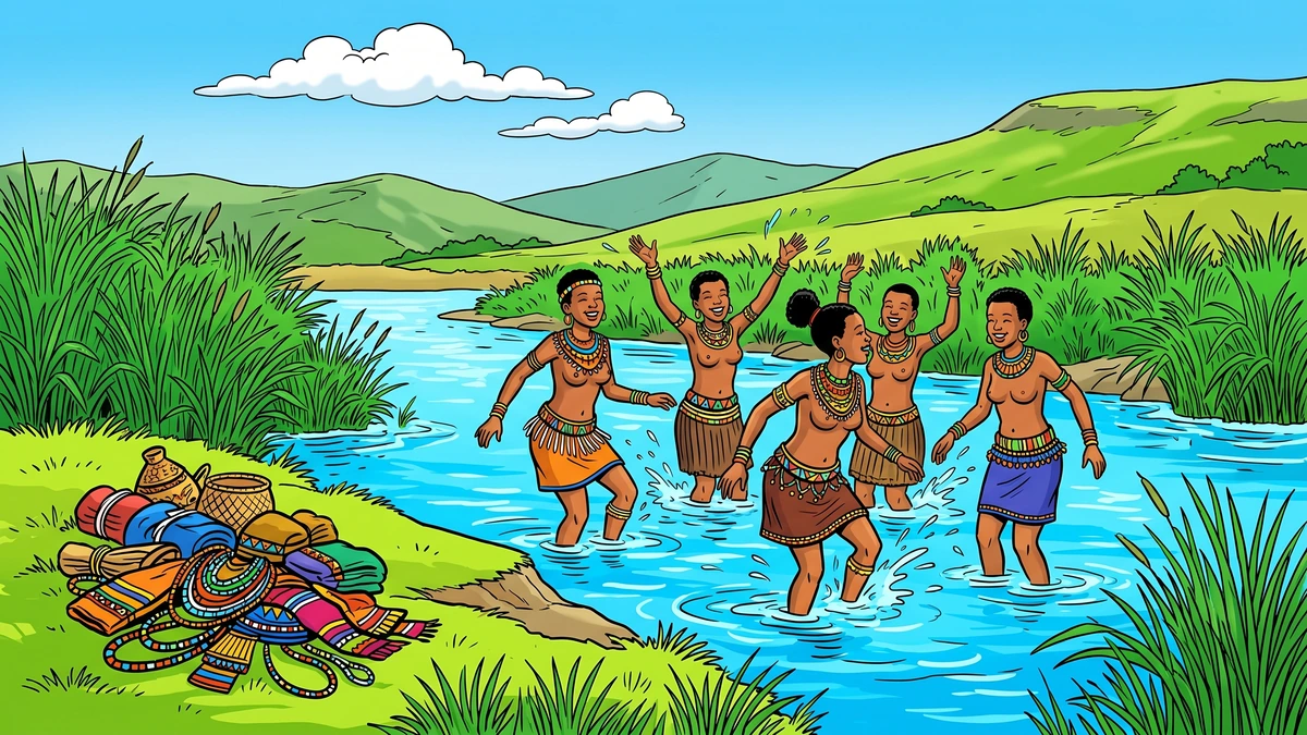 Amar Chitra Katha style illustration of young Zulu women in beadwork bathing and playing in the forbidden river pool, their ornaments left in a heap on the green bank