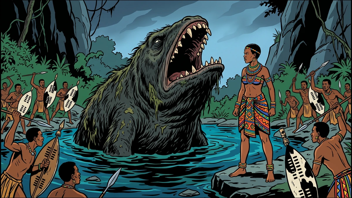 Amar Chitra Katha style illustration of the enormous bearded swallowing monster Isiqumadevu rising from the haunted pool toward the proud Zulu maiden as warriors look on