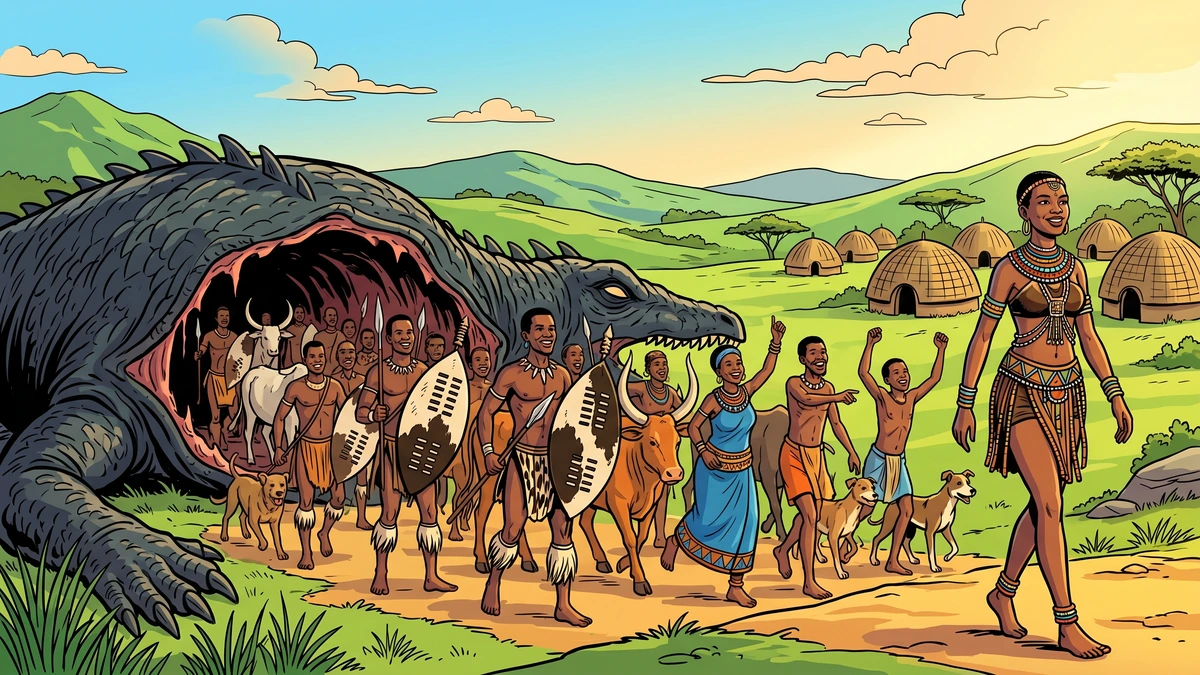 Amar Chitra Katha style illustration of a joyful crowd of Zulu people, warriors, cattle and dogs walking out alive from the opened body of the defeated swallowing monster
