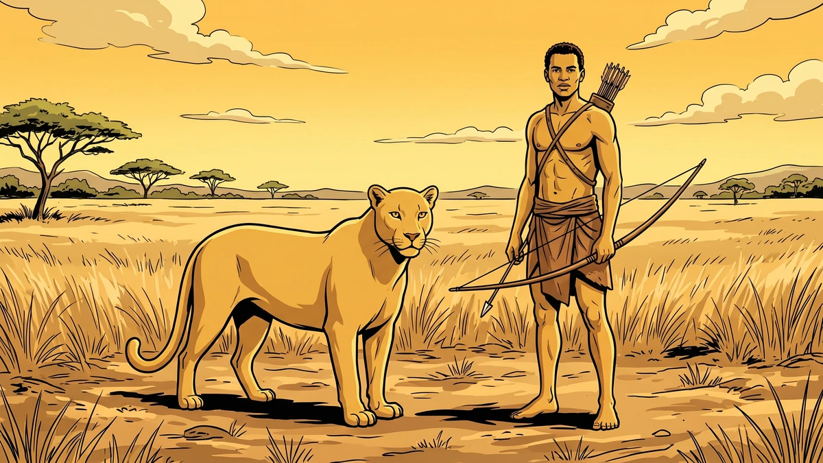A leopard with a plain golden coat and no spots stands beside an African hunter on the sun-bleached savanna grassland.