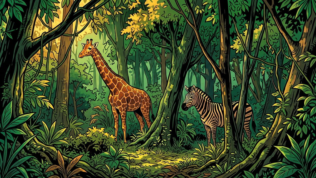 A brown-blotched giraffe and a black-striped zebra stand hidden among the dappled shadows of a green African forest.