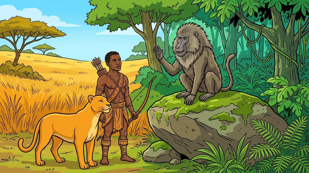 The plain golden leopard and the African hunter take counsel from Baviaan, the wise baboon, at the edge of the forest.