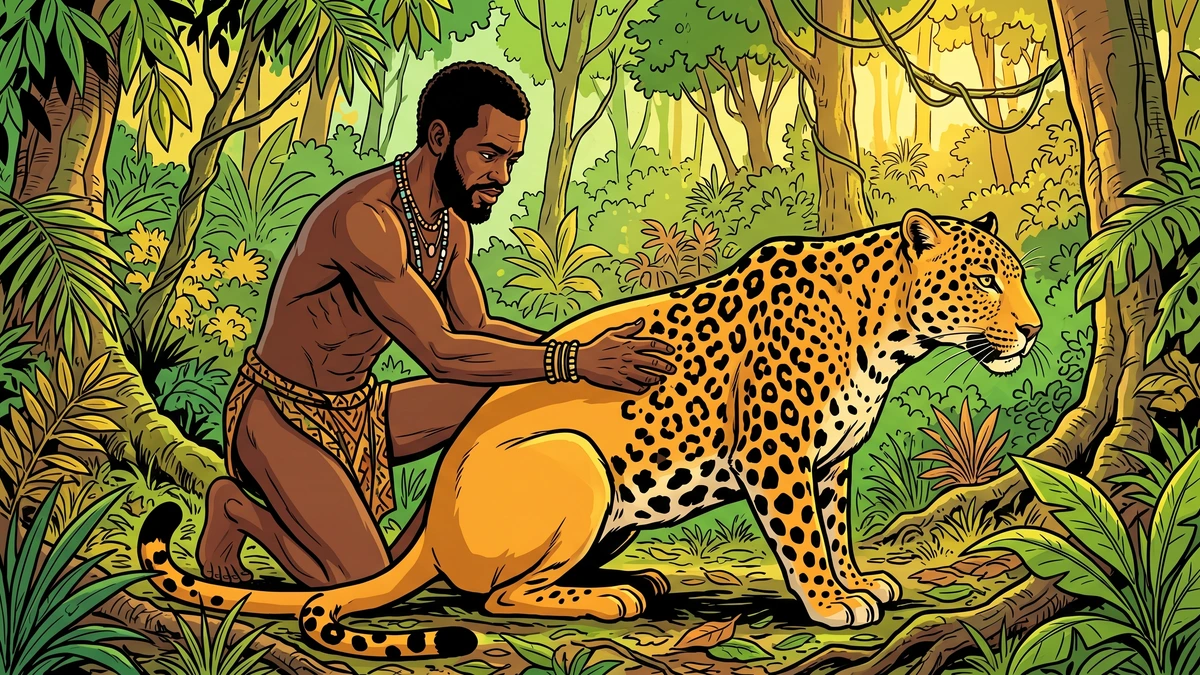 The Ethiopian presses his bunched fingertips onto the leopard's coat, leaving clusters of black spots across its golden fur.