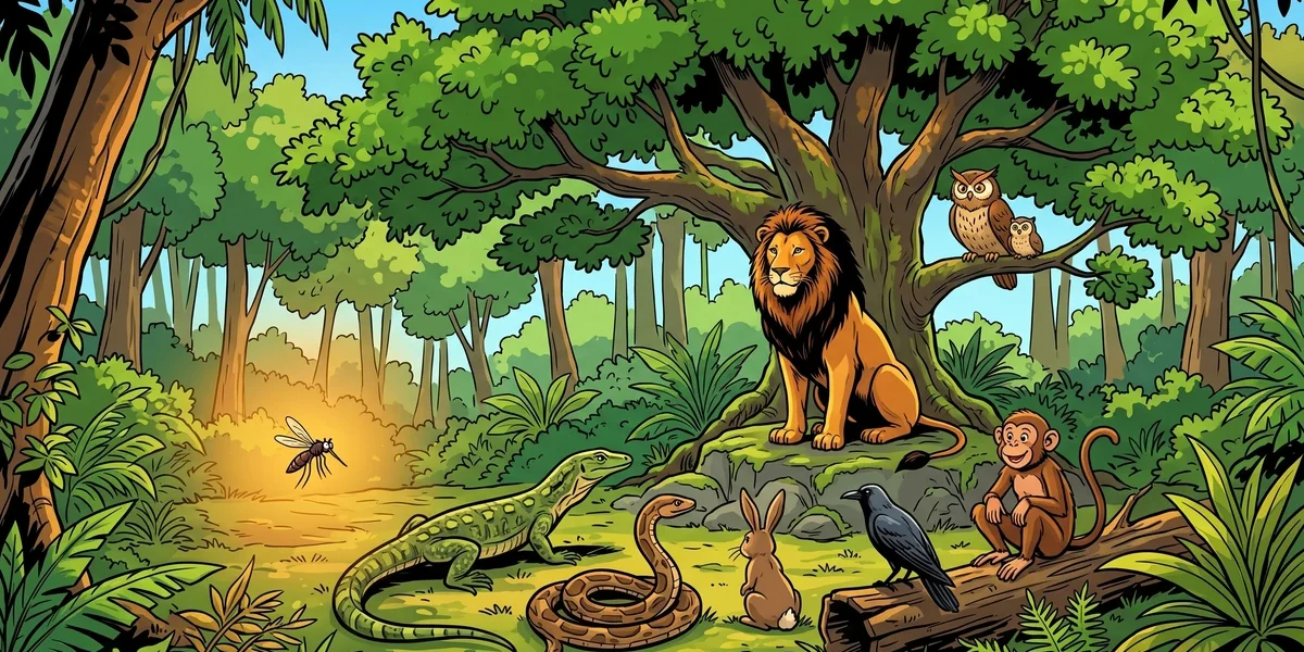 Amar Chitra Katha style illustration of a West African forest with a lion king, owl, monitor lizard, python, rabbit, crow, monkey and a tiny mosquito.