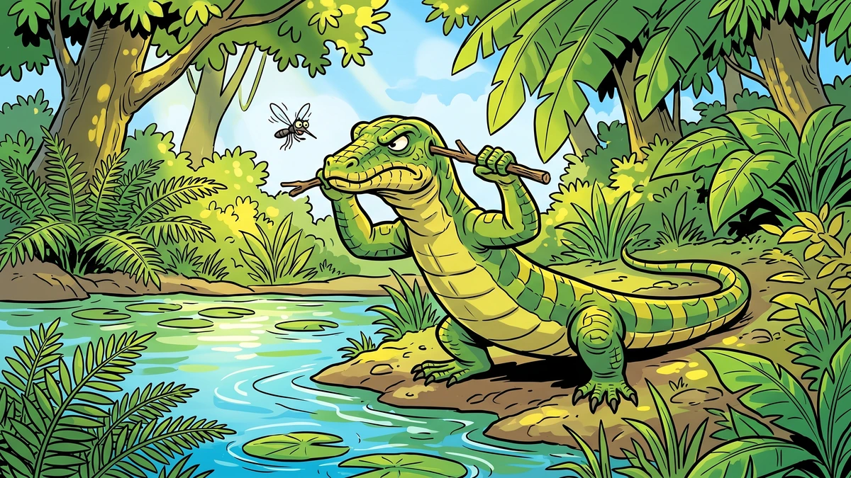 A green monitor lizard pushes wooden sticks into his ears beside a forest pond as a tiny mosquito hovers nearby.