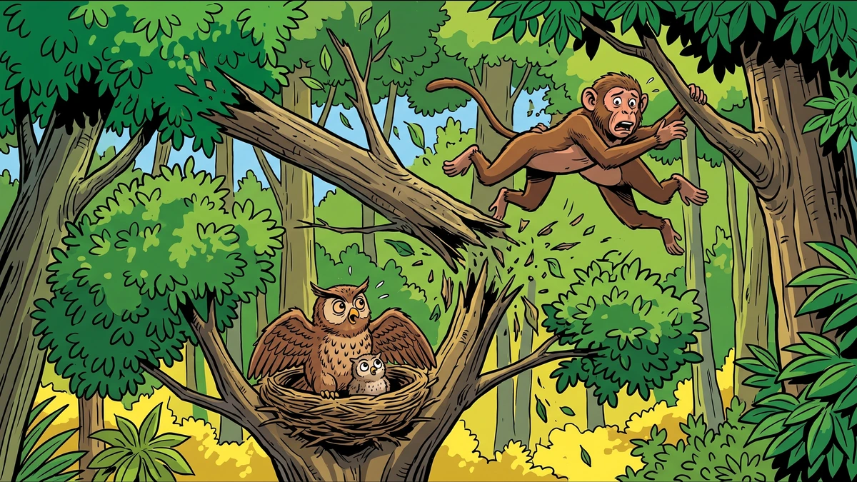 A panicked monkey leaps through the forest canopy as a dead branch falls toward a mother owl's nest below.