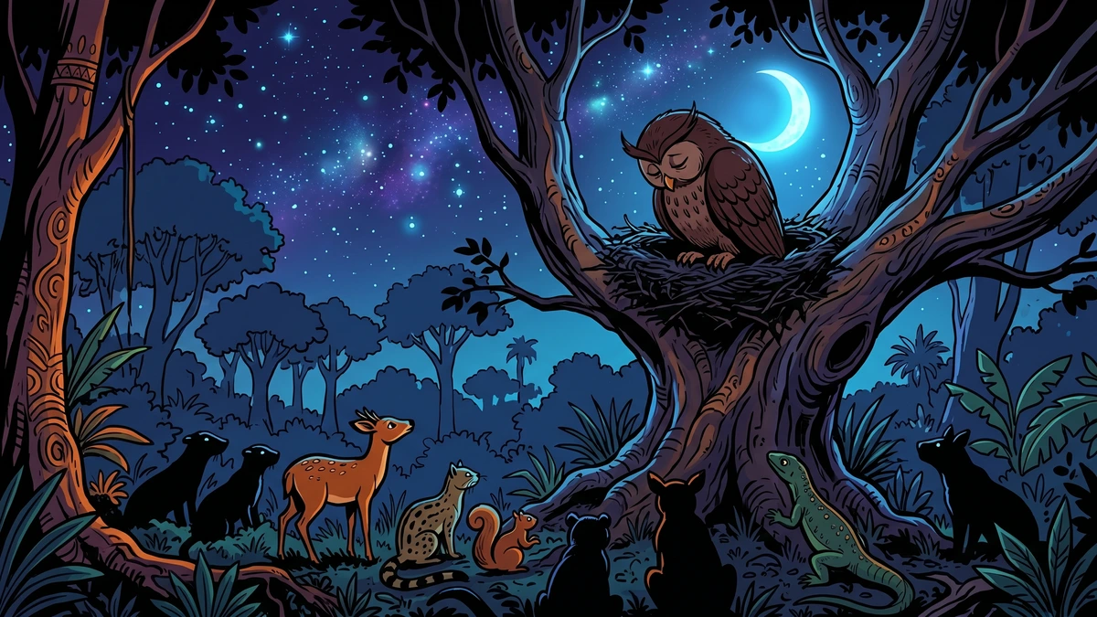 A grieving mother owl sits silent in her nest under a starry night sky while forest animals wait in the darkness.