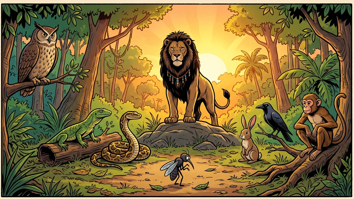 King Lion delivers judgment at a forest council at dawn as a guilty mosquito cowers and the sun rises.